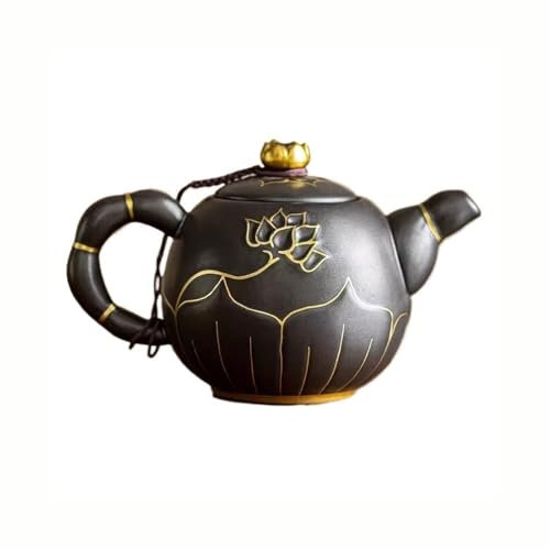 MPOPO Herbal Tea Pot Chinese Retro Hand-painted Gold-painted Black Pottery Teapot Household Filter Single Pot Tea Brewer Kung Fu Tea Set Loose Leaf Tea Steeper(A)