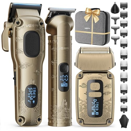 VGRPRO Set de maquina de cortar pelo hombre y Trimmer, Afeitadora Eléctrica para Barba, Sin Cable Cortapelos Hombre, Configuración de 4 Velocidades, Pantalla LED de Batería, Uso de Barbero (dorado)