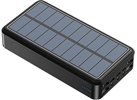 Power Bank Solaire Portable 100 000 mAh avec Lampe Torche LED, 4 Sorties et 3 entrées, Batterie Externe sans Fil pour iPhone et Android, Noir