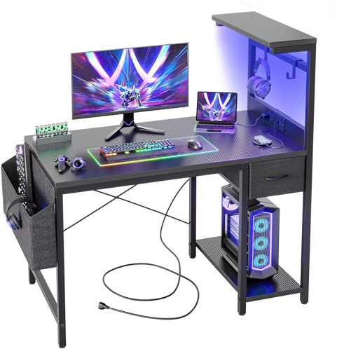 BEXEVUE LED Schreibtisch 100x50 cm mit Kohlefaserplatte, Gaming Tisch mit Schublade, Beutel und 2 Kopfhörer-Haken, computertisch mit Steckdosen, Schwarz