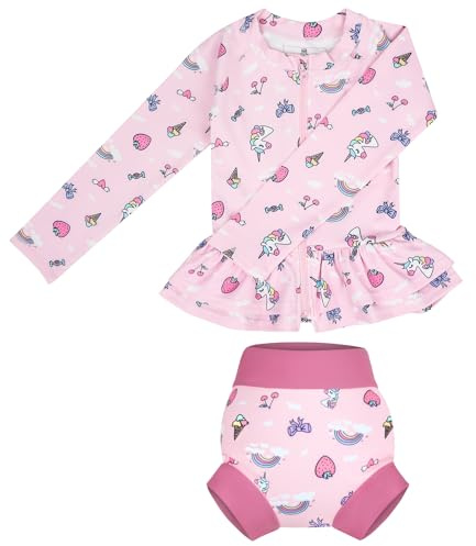 FLYISH DIRECT Traje de baño Infantil bebé Niña de 2 Piezas Anti-UV, UPF 50+ Niño Camiseta Natación Manga Larga con Cremallera + Pañal Natación Reutilizable, Rashguard Niña Unicornio Secado Rápido, S