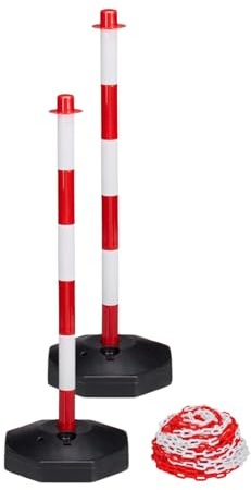 IWOFER Set mit 2 Absperrpfosten aus Kunststoff mit 2,5 m weißer und roter Kette – Sicherheitsbarriere für Zugangsbereiche, ideal für Signalisierung, Veranstaltungen und Baustellen (2)
