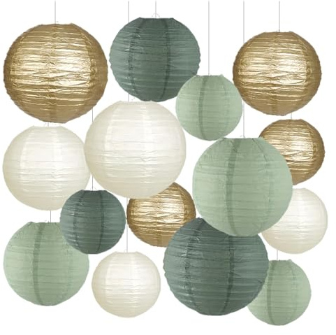 YZROHYI 15 PCS Lanterne di Carta Verde Salvia,Lampadario Carta Rotondo,Paper Lanterne Cinesi da Appendere,Lanterna da Giardino Esterno Colorata,Lanterna Cinese da Giardino per Matrimoni, Compleanno