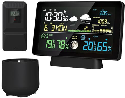 Stazioni meteorologiche, Stazione meteorologica wireless for interni/esterni Termometro Ora Data Segnale radio Pressione atmosferica Fase lunare Pluviometro Previsioni meteo