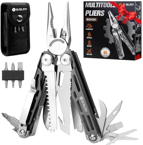 BIBURY Multitools, Titanium Plating Multi Tool Foldable Pliers, Stainless Steel Pocket Tool with Nylon Pouch, Ideal for Camping, Outdoor, Repairing, Hiking - Birthday Gifts for Men Dad - BI2038C