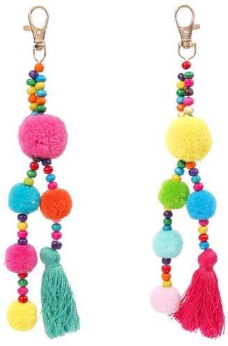 BEAMARKER 2 Stück 2 Farben Bohemian Quaste Taschenanhänger Bunte Pom Pom Ball Quaste Schlüsselanhänger Holzperlen Brieftasche Anhänger Dekorationen Mit Drehverschlüssen Für Damen Geldbörse Handtasche