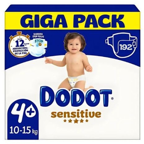 Dodot Sensitive Talla 4+ Extra Absorción (10-15 kg) – Pack Ahorro 192 Pañales + 64 Toallitas Dodot Dermo Gratis | Protección suave y alta absorción para piel sensible
