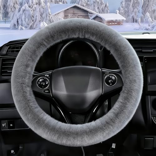 FINEVERNEK Plüsch Lenkradbezug, Winter Auto Lenkradschutz, Flauschige Lenkradabdeckung, Universal Plüsch Lenkradhülle, Warm rutschfest, Teleskop Abdeckung für Auto, 36-38cm(Grau)