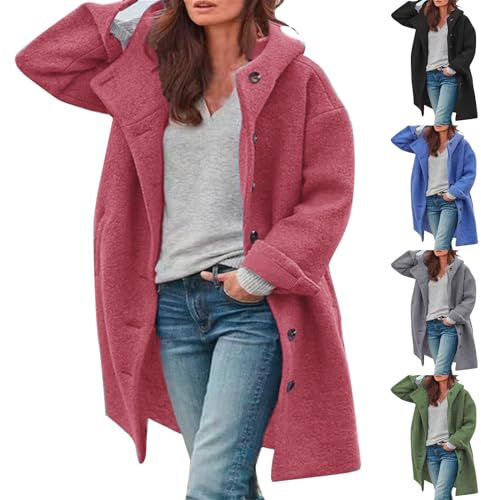 Generisch Wollmantel Damen Winter Lang - Übergangsmantel Mit Kapuze Trenchcoat Elegante Wintermantel Einfarbig Freizeitjacke Mit Taschen Outdoor Winterjacke Flauschig Kuscheljacke Teddy Fleecejacke