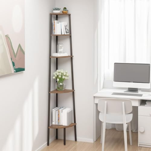Owoxanthellate Eckregal 5 Böden 45,5x31,5x180 cm, Raumteiler Regal Dunkelbraun/Schwarz aus Stahl & Holzwerkstoff, Standregal platzsparend für Schlafzimmer Küche Büro und Flur