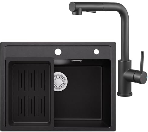 ANYCEE 60 x 46 cm Lavello Nero in Granito con L Rubinetto Cucina Estraibile | Lavandino Cucina Nero 1 Vasca, con Cestello di Scarico, per Mobile da 60 cm, con Sifone e Scarico