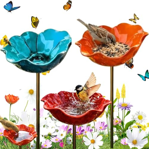 Blumen Gartenstecker VogelträNke, 2026 Neu Bienen TräNke Blume, 2/3 Stück VogelträNke Metall Futterstation Vögel Gartenstecker, Bienentränken Blume für Den Garten (3 Stück-A)