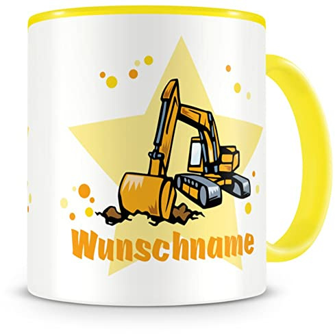 Samunshi® Kindertasse mit Namen Tasse Bagger Personalisierte Tasse mit Namen Kinder Kinderbecher personalisierter Text Namenstasse Kindergarten gelb 300ml