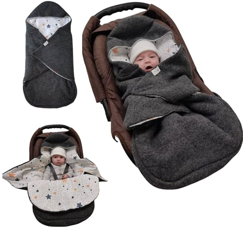 Swaddyl WOLLWALK Einschlagdecke Babyschale - Baby Fußsack - Maxi-Cosi Decke - Einschlagdecken für Kinderwagen - Neugeborene bis 11 Monaten aus 100% Wolle (Sterne)