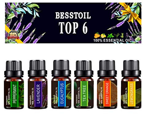 Eteriska oljor Set med TOP6, Besstoil Therapeutic Grade 100% ren aromaterapi diffusor oljor present set (lavendel, te träd, eukalyptus, citrongräs, pepparmint, söt apelsin), 10ml / 6 Count
