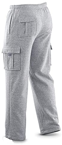Winter Tex Mens Long Cargo Pants Sweatpants Truck Fleece Heavy Weight with Elastic Waistband, Fleeced Cargo Pants S-XXL (S, Light Gray)