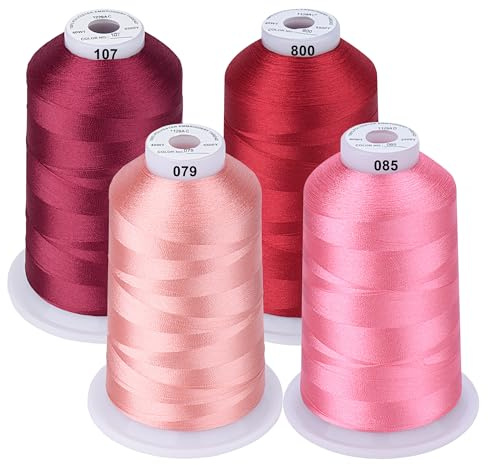 Simthread Set med 4 spolar, 5 000 meter/spole, rosa färger, brodertråd, för Babylock, Janome, Singer, Kenmore-maskin