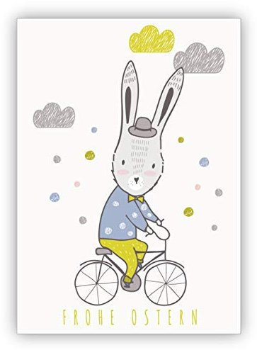 Grußkarten Set (10Stk) Nette Osterkarte mit Osterhase auf Fahrrad: Frohe Ostern - zum Osterfest • nette, hochwertige Oster Grüße im Set mit Umschlägen als liebe Geschenkkarte, Gutschein