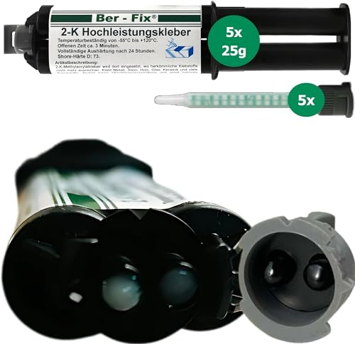 Ber-Fix Hochleistungskleber 2K MMA 3 Min 5x25g + 5 Düsen | Hochleistungskleber 3 Min als 5x25g-Set für schnelle Strukturreparaturen an Kunststoff, Metall und GFK.