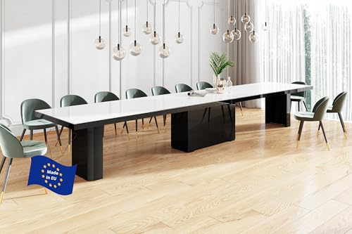 Design Esstisch HEK-111 Weiß Hochglanz / Schwarz Hochglanz ausziehbar XXL 180 cm bis 468 cm Esszimmertisch für 16 Personen Kitchentable Funktionstisch Ausziehtisch Esszimmer Tisch Esszimmermöbel