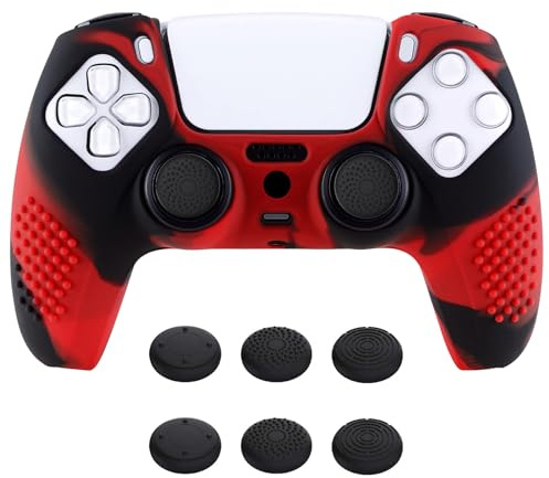 eXtremeRate PlayVital Cover Controller per ps5 Joystick Custodia Protettiva | Protezione Silicone, Grip con Borchie 3D Antiscivolo, 6 Gommini Copri Levette Analogiche, Rosso Nero Mimetico