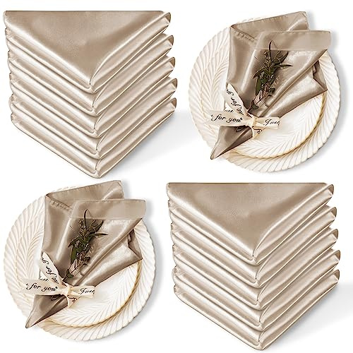 Cobedzy 12 Pack Satin Table Cloth Napkins, 17x17 Inch Taupe Silky Wedding Napkins Cloth Washable, Luxury Dining Table Cloth Napkins Set for Birthday Holiday Party Dinner Restaurant