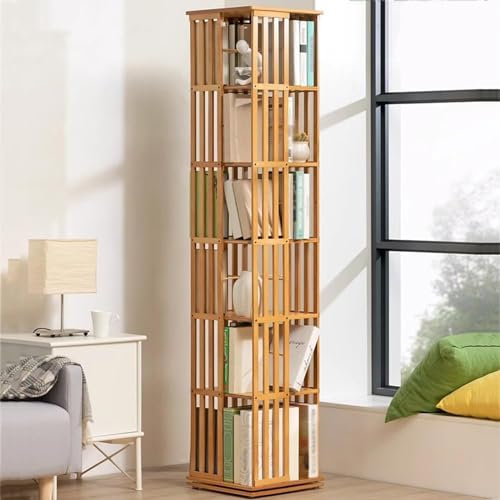 360° Rotierendes Bücherregal, Bambus Drehbares Bücherregal, Bücherregal Zur Bodenaufbewahrung Mit 5/6 Ebenen Hochdichtes Bücherregal Bodenstehende Regale Für Zuhause, Wohnzimmer,WoodColor-6Tier