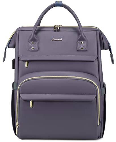 LOVEVOOK Leather Laptop Backpack for Women 18 inch,Travel Backpack Purse Nurse Teacher Backpack Computer Laptop Bag,Professional College Business Work Bags Carry On Backpack with USB Port,Grey Purple