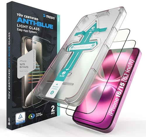 Deppa | 2 Pezzi | Pellicola Anti-Luce Blu per iPhone 16, iPhone 15 (6.1') | Vetro Temperato Ultra Resistente, Copertura Totale, Senza Bolle | Installazione Facile