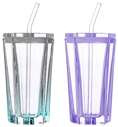 Marooma Bicchieri in Vetro da 300 Ml con Coperchi e Cannucce, Bicchiere Bicchiere in Vetro Colorato con Design a Pentagramma, Tazze da Vino, Tazze da Cocktail, Tazze da Caffè in Vetro(Combinazione)