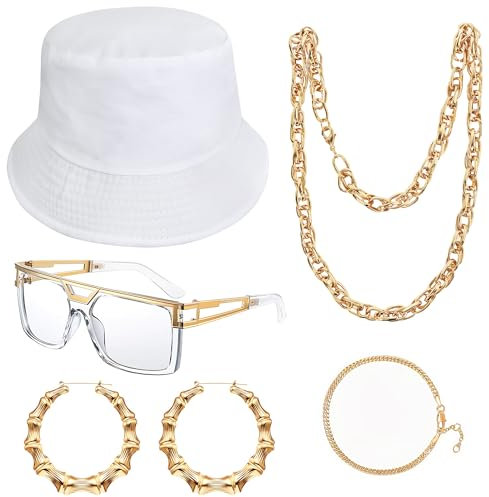 Goenb 80s 90s Accessories Outfit, Hip Hop Kostüm Kit Rapper Accessoires Rapper Sonnenbrille Fake Gold Kette Hip Hop Accessoires für Frauen Männer (Weiß)