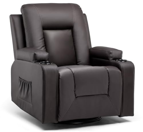 COMHOMA Reclinerfåtölj med Justerbart Ryggstöd och Fotstöd, 360° Snurrfåtölj med Mugghållare och Sidofickor, Ergonomisk Design med Fullkroppsstöd, PU-läder, Brun