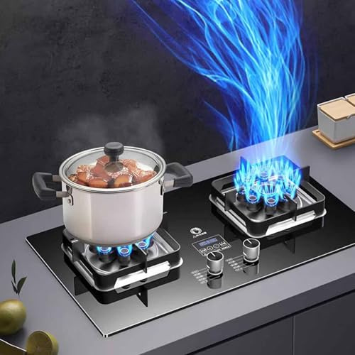 Cuisiniere Gaz Double 5.2Kw - Verre Trempé Cuisiniere, Cuisinière à gaz chronométrée 180 minutes, cuisinière à double allumage électronique à impulsion rapide, cuisinière à gaz en verre trempé(NG)