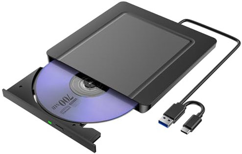Lecteur CD/DVD Externe pour PC, Ultramince USB 3.0 et USB-C Graveur DVD Externe Optique Portable CD/DVD -/+RW Drive, Mince DVD Player Transmission Rapide Câble USB Intégrée pour Windows/MacOS/Laptop