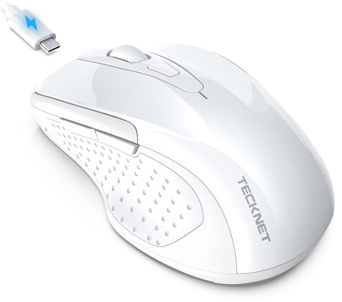 TECKNET Bluetooth Mouse Jiggler, Rechargeable Wireless Mouse (BT 5.0/3.0+2.4G) with Build-in Jiggler Mover Keeps Computer Awake, 4800 DPI Silent Ergonomic 6 Buttons Mouse for Laptop, White