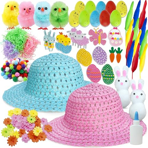 Edmirfun 2Pcs Diy Sombrero De Pascua, Manualidades De Pascua, Plumas, Zanahorias, Huevos De Colores,Decoraciones Para Fiestas De Pascua, Pascua Regalos Creativos Hechos a Mano Para Niños (Rosa y Azul)