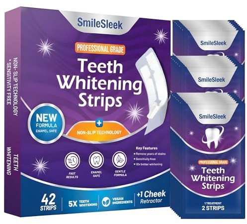 SmileSleek Strisce sbiancanti professionali per denti 21 trattamenti, sicure per smalto, formula non sensibile, 42 strisce sbiancanti senza perossido, kit sbiancante per dentisti + apribocca incluso