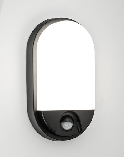 JungesLicht LED Wandleuchte Bewegungsmelder schwarz, 15Watt 1350Lumen, 4000K, IP54, PIR Sensor 9m Reichweite, Lichtdauer & Dämmerungssensor, Innen & Außen, Deckenleuchte, Leuchtzeit 60.000 Std.