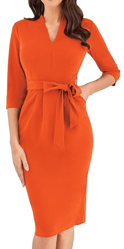 GRACE KARIN Women's Cocktail Dress 3/4 Sleeve Elegant Wedding Guest Bodycon Belted Dresses with Pockets Orange XXL