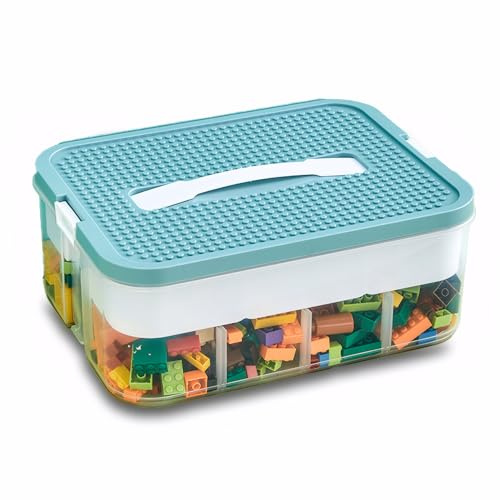 Aufbewahrungsbox mit Fächern Lego Sortierbox stapelbar 30,5×12,5×23 cm Grün | PP‑ABS Kunststoffbox mit abnehmbarem Trennwänden Tragegriff Staubdicht stapelbar für Lego und Spielzeug
