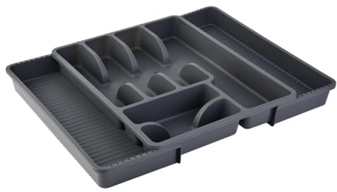 Engelland - 1 x verstellbarer Besteckkasten, Anthrazit, Besteckkorb mit 8 Fächern, Kunststoff, BPA-frei, Besteckhalter, Besteckeinsatz für Küchenschubladen, Maße: 29-51 x 38 x 5 cm