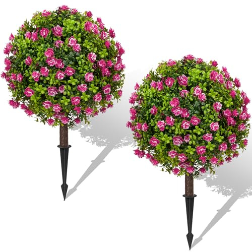 63,5 cm künstliche Buchsbaum-Formschnitt-Kugelbäume mit Rosenblüten, UV-beständig, kein Verblassen, für den Außenbereich, künstliche Pflanzen mit Erdspieß, künstliche Sträucher für Garten, Terrasse
