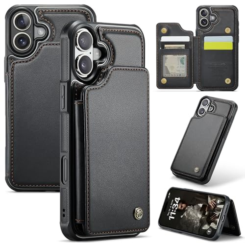 XIMAND för iPhone 17 plånboksfodral med RFID-blockering och 4 kreditkortshållare, premium hållbart smalt läder magnetiskt spänne ställ kraftigt stötsäkert skyddande fodral. – svart