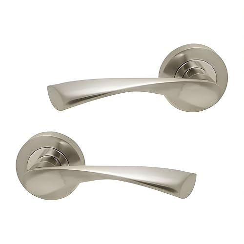 UAP E-Zeta Internal Door Handles On Round Rose, Satin Nickel Lever Handles for Interior Wooden Doors, Keyless Pair