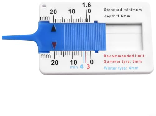 Kunststoff-Lineal für Reifenprofil, 0–20 mm, Tiefenmesser zur Messung der Reifenprofiltiefe, kompaktes Werkzeug im Taschenformat für Sommer- und Winterreifen