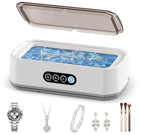 Brilsonic 49000Hz Ultrasonic Jewellery Cleaner UK - 650ML Sonic Jewellery Cleaner Machine with LED Display, 3 Timers for Jewelry, Glasses, Rings | Bergxperten (White)