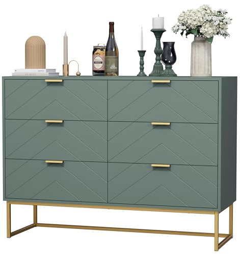UEV Kommode mit 6 Schubladen, Schubladenschrank Schmal 100x34x73,5cm (Grün) | mit Kippschutz & Metallfuß, modern Highboard Sideboard Holz Beistellschrank Komodenschrank für schlafzimmer Wohnzimmer Flur