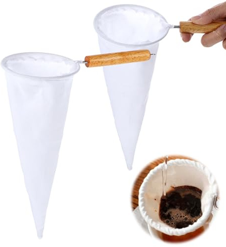2Pcs Coffee Strainer Cloth, Reusable Flannel Cloth Filter Coffee Pour Over Filters with Wood Handle Handmade Tea Sock Strainer (White)
