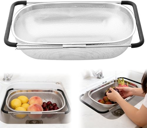 Küchensieb ausziehbar 27.5x19x7cm (27–41.5cm) Waschbecken Sieb aus Edelstahl mit Feinsiebkor & GummigriffAusziehbar Rostfreier Spülbecken Sieb für Spüle zum Abseihen Abtropfen Waschen von Obst Gemüse