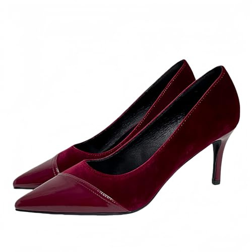 Dam spetsig tå slingback patchwork patent stiletto slip-on pumps med spänne rem klänning arbetsskor vår sommar 8 cm, Röd häl mocka, 39 EU